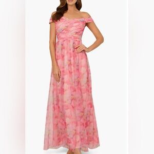 Adrianna Papell Pink Floral Off-the-Shoulder Maxi Gown